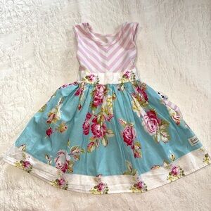 SweetHoney Blue Floral Dress with Pink Striped Bodice